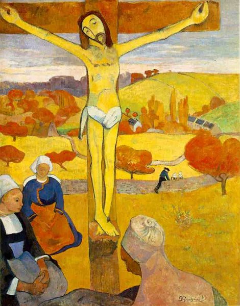 cristo giallo.jpg - Il Cristo giallo è un dipinto ad olio su tela di cm 92,5 x 73 realizzato nel 1889 dal pittore francese Paul Gauguin.Già il titolo dell'opera allude all'antinaturalismo cromatico e quindi al valore simbolico del colore. Tutto è semplificato e sintetizzato. La tela è dominata dalla presenza incombente in primo piano della croce lignea marrone con l'uomo crocifisso giallo. Gialli sono anche i prati ed i monti, divisi in strisce orizzontali e punteggiati dalle macchie rosse degli alberi, mentre sul davanti, in cerchio, stanno tre contadine bretoni, vestite di blu, simbolo delle pie donne evangliche. In questa crocefissione rustica, spogliata della mitizzazione ufficiale della chiesa e riportata nei termini quotidiani del mondo contadino, e perciò attualizzata, anzi vissuta in ogni momento della giornata, predominano i colori primari (giallo, blu, rosso) evitando i toni intermedi così da ottenere uno straordinario potere suggestivo. Quando si parla di simbolo gauguiano si deve intendere appunto questo. Non è il simbolo dell'antica tradizione cristiana, per cui l'oggetto reale, al di là della sua apparenza, esprime un concetto. In Gauguin non possiamo dare ad ogni colore o a ogni linea un significato preciso tradotto in parola. Ogni colore, ogni linea, posti in un ordine o in un altro, quantitativamente maggiori o minori, hanno invece, la possibilità di creare stati d' animo differenti in ciascuno di noi. La pittura, "Come la musica,-scrive Gauguin-agisce sull'anima attraverso i sensi; i toni pittorici armoniosi corrispondono alle armonie dei suoni".In quest'opera Gauguin applica la tecnica del cloisonnisme, consistente nel contornare con un marcato segno nero cose e persone e nel riempire lo spazio così definito con il colore. La linea in questo caso è sostitutiva dei valori spaziali di cui le tele di Paul Gauguin sono quasi del tutto prive. C'è quindi il recupero della bidimensionalità della pittura che può anche fare a meno di ogni illusionismo prospettico. Ai piedi sono presenti due donne bretoni che indossano costumi appartenenti al loro paese. In lontananza sono presenti degli alberi e altri oggetti con colori non appartenenti al reale. Per quest'opera, il pittore fu ispirato dal crocifisso ligneo dipinto di giallo situato nella cappella di Trèmalo, poco distante da Pont-Aven; ma il volto di Cristo, invece, è un suo autoritratto appena sfumato (Gauguin, ritenendosi fuori della società a causa della "verità" delle sue opere, ma anche perché assai pervaso di misticismo, si identificava spesso in lui). Il pittore sarà particolarmente affezionato a quest'opera: non volle venderla mai, e addirittura si autoritrasse poco tempo dopo, usandola come sfondo.